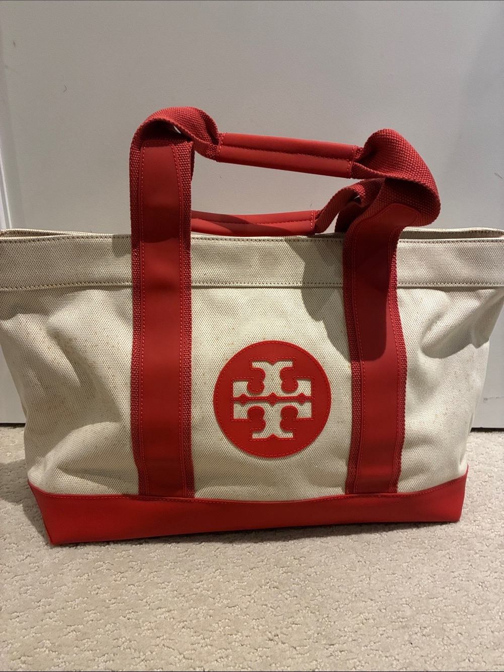 Tory Burch Vintage Canvas Ella Tote Bag Red Trim Large Shoulder Bag👝